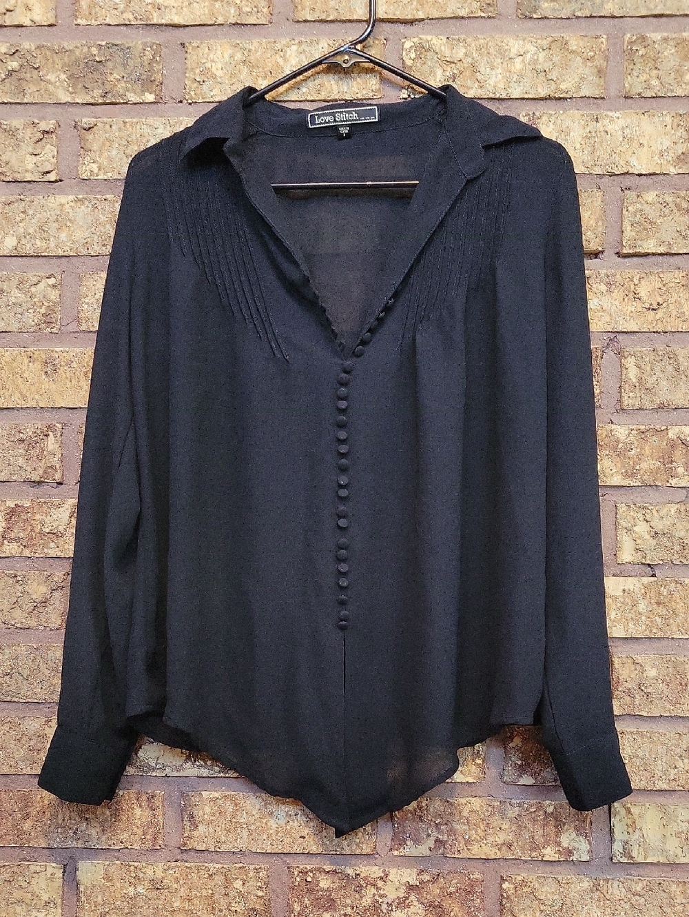 Love Stitch Black Button-Front V-Neck Sheer Blouse Size Small